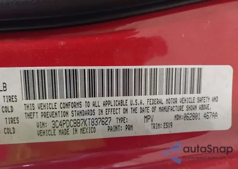 2019 Dodge Journey Se from USA, damaged, VIN 3C4PDCBB7KT837627